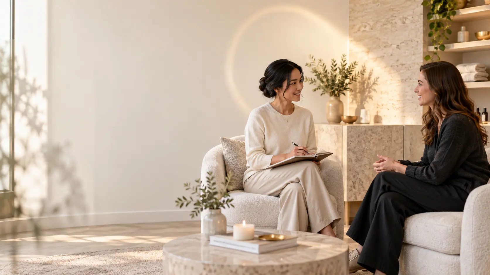 A wellness practitioner consulting with a client in a calm studio