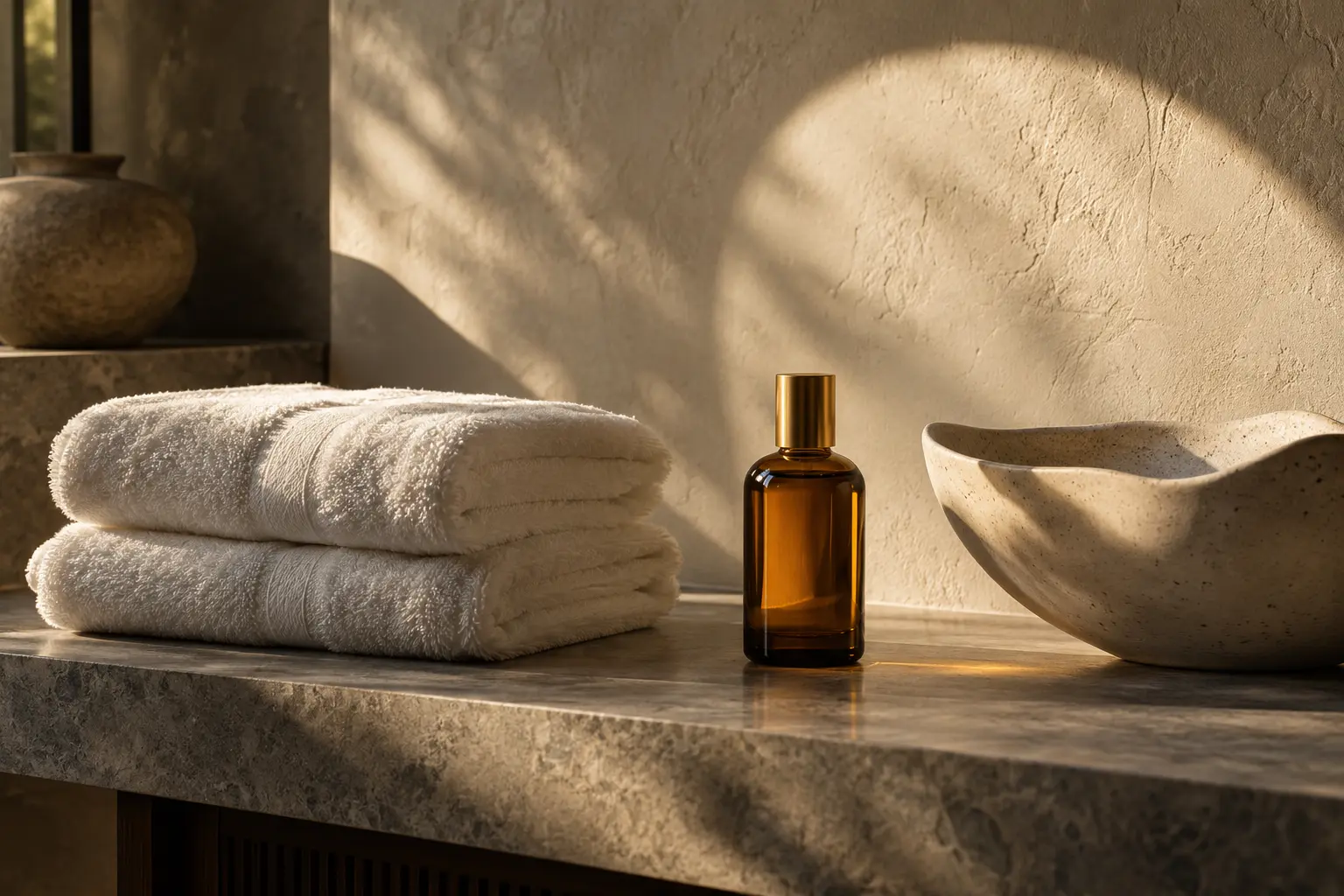 Warm towels and wellness oil in soft halo light